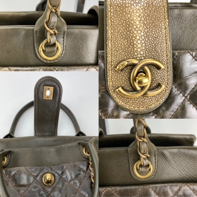 CHANEL Glazed Calfskin Shagreen Large Bindi CC Grey Tote Hand Bag - HOUSE OF SHE