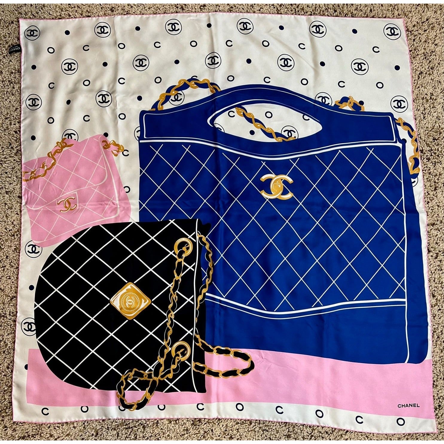 Chanel Silk Pink Black Blue Scarf - HOUSE OF SHE