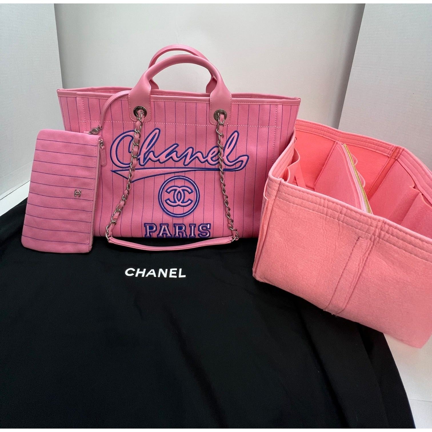 Chanel Canvas Calfskin Striped Medium Deauville Pink Tote - HOUSE OF SHE