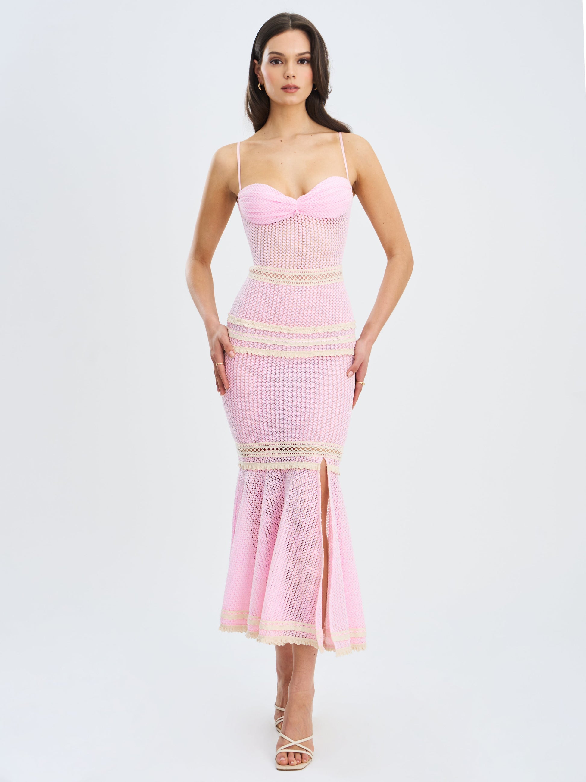 Pallas Pink Lace Trim Crochet Mermaid Maxi Dress - HOUSE OF SHE
