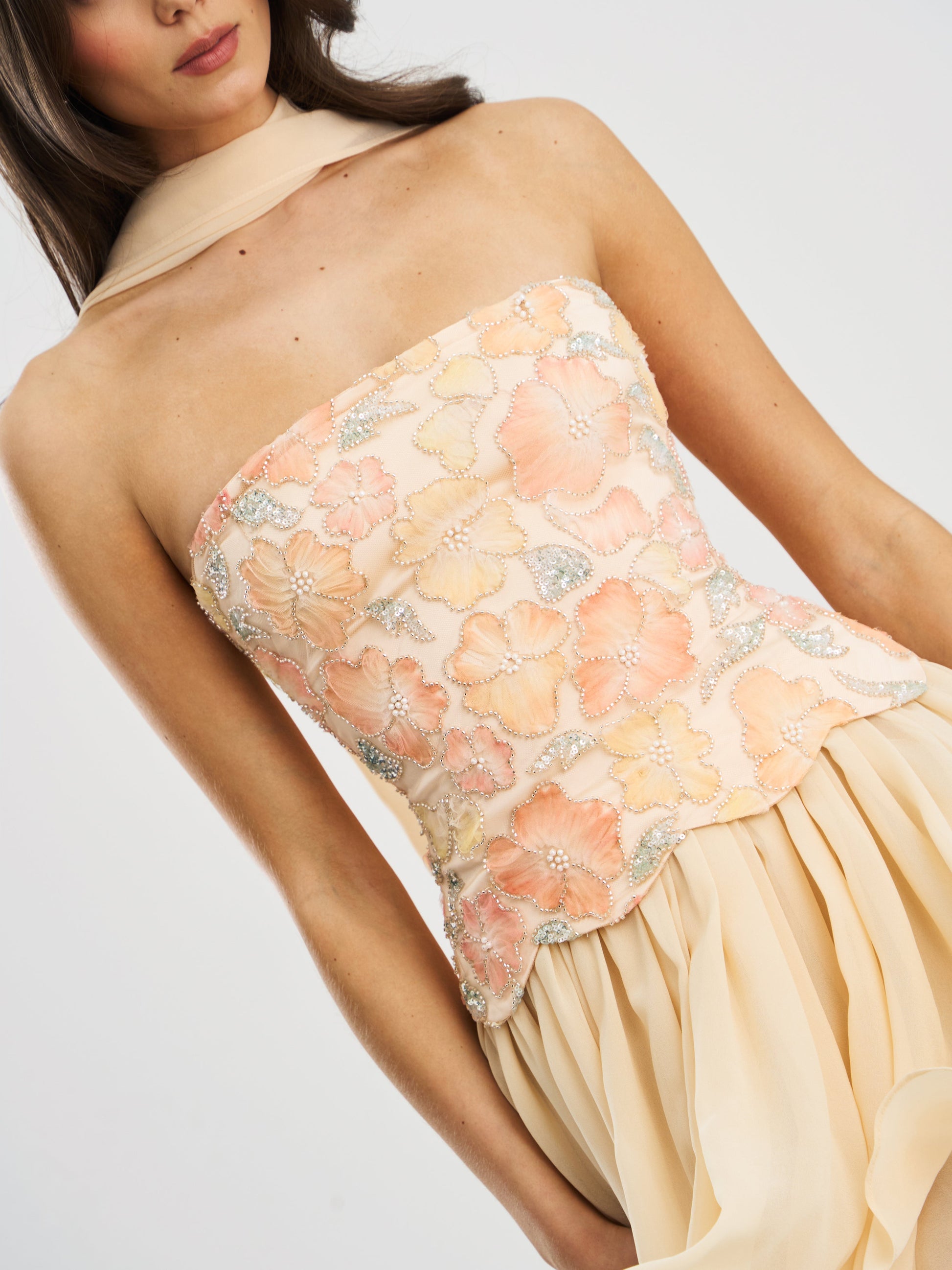 Quanisha Yellow Beaded Floral Mini Chiffon Dress with Scarf - HOUSE OF SHE