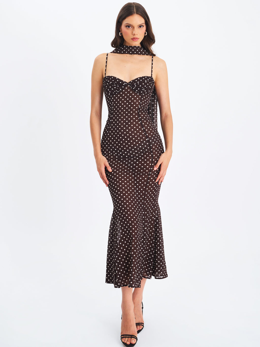 Yadira Brown Base Polka Dot Chiffon Maxi Dress