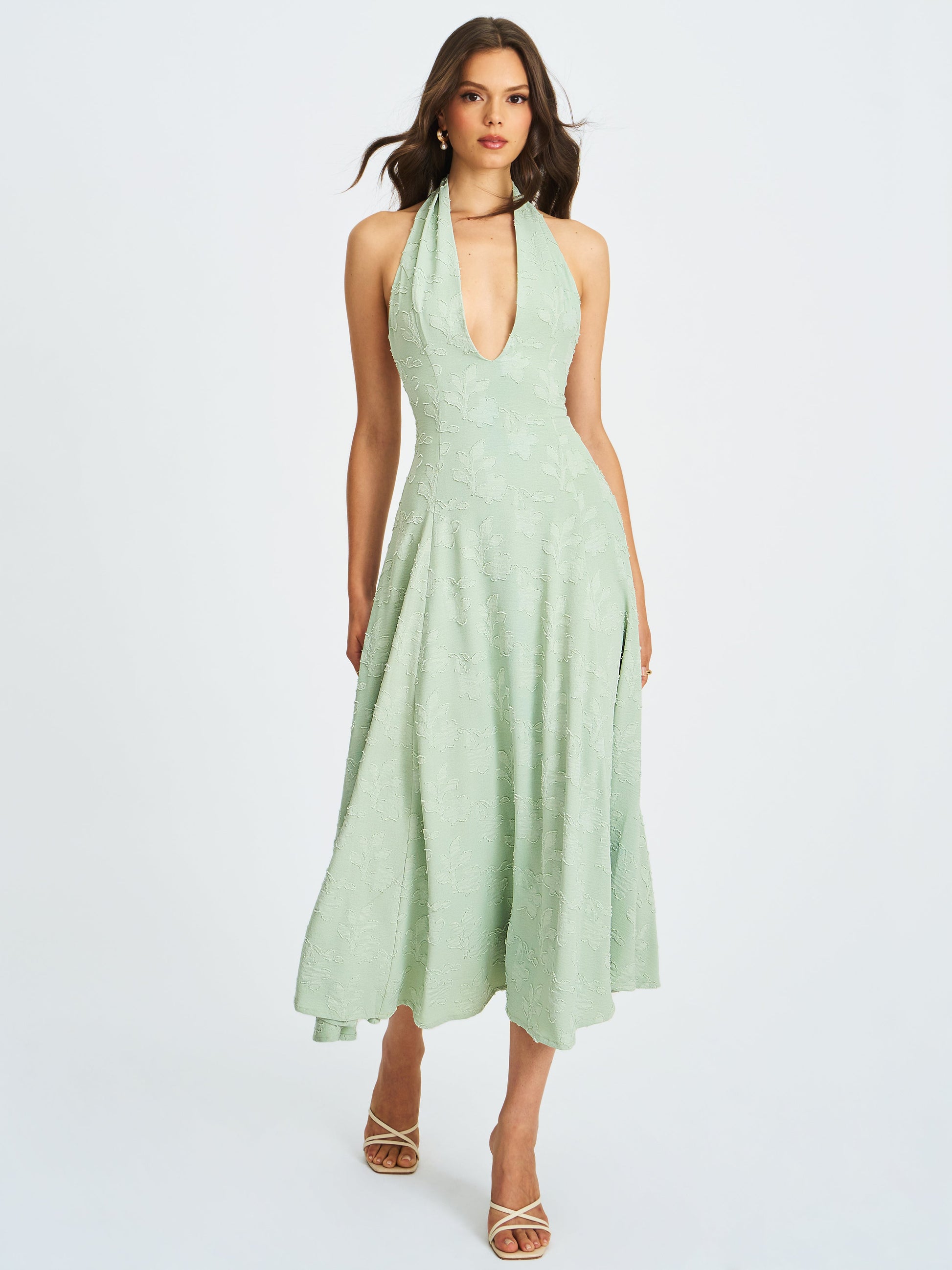 Magda Mint Green Deep V Neck Halter A-line Midi Dress - HOUSE OF SHE