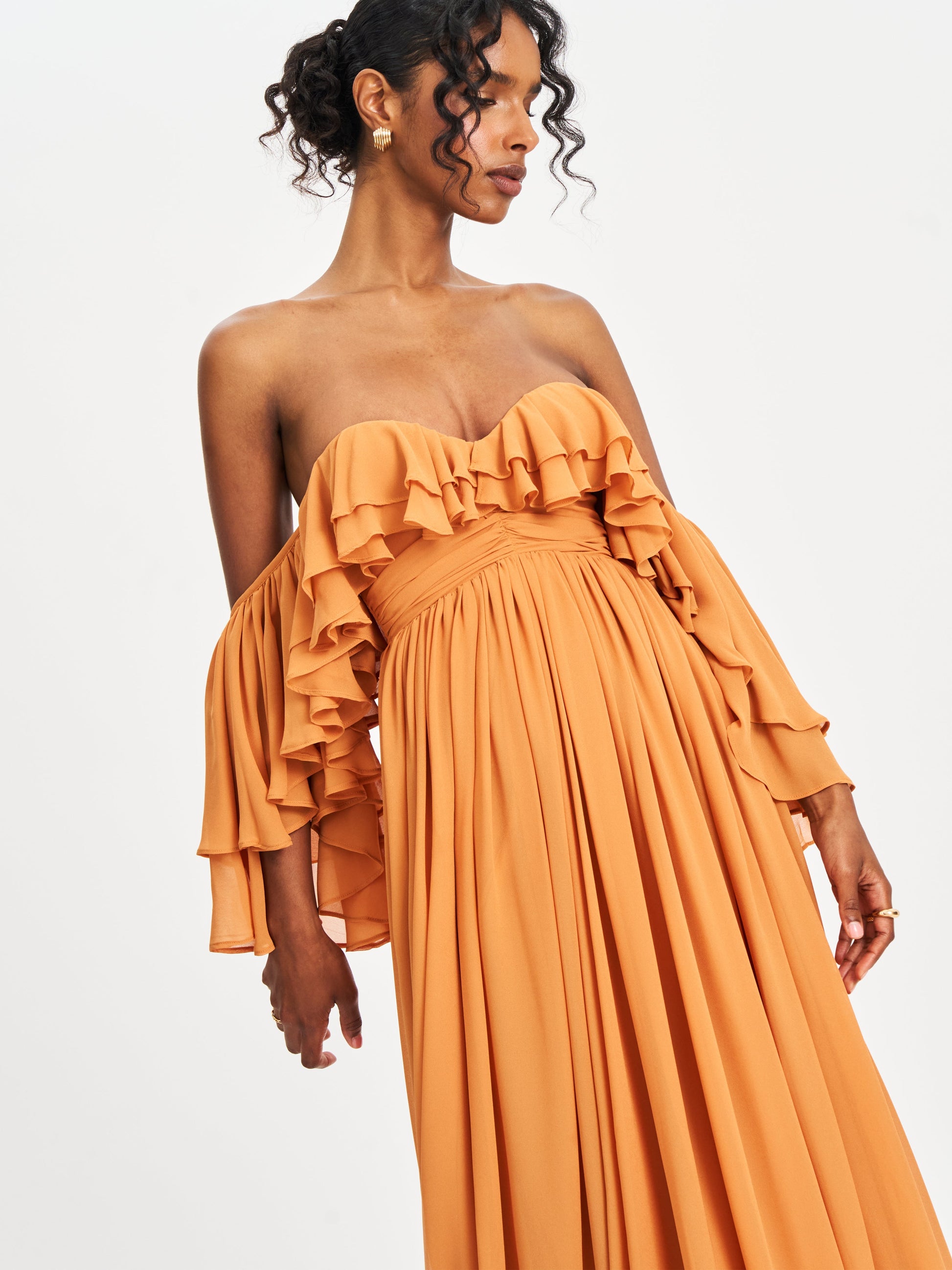 Kaela Brickwork Off Shoulder Chiffon Maxi Dress - HOUSE OF SHE