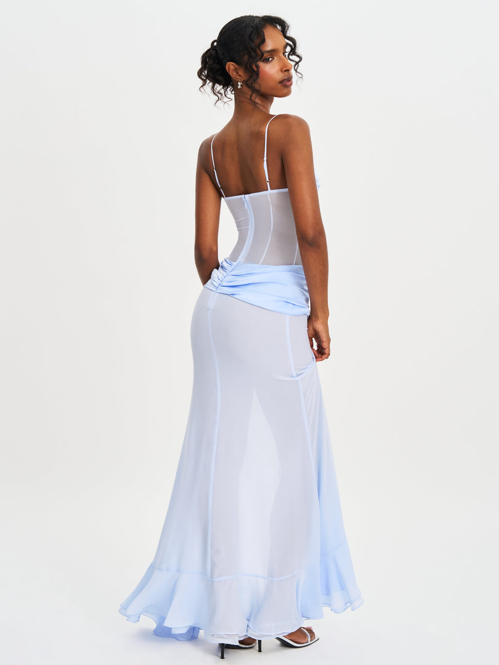 Lacy Blue Ruched Breast High Slit Chiffon Dress - HOUSE OF SHE