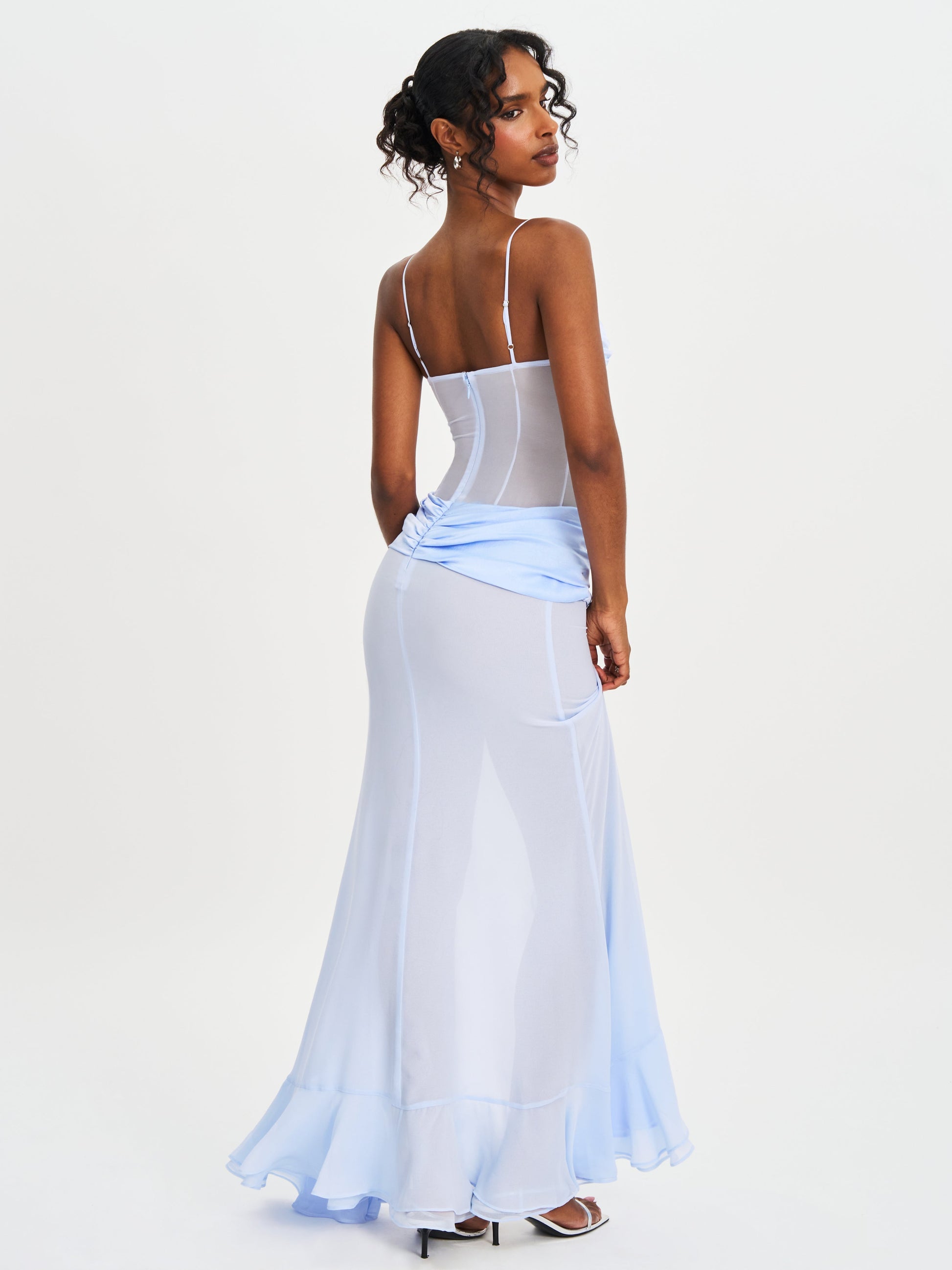 Lacy Blue Ruched Breast High Slit Chiffon Dress - HOUSE OF SHE