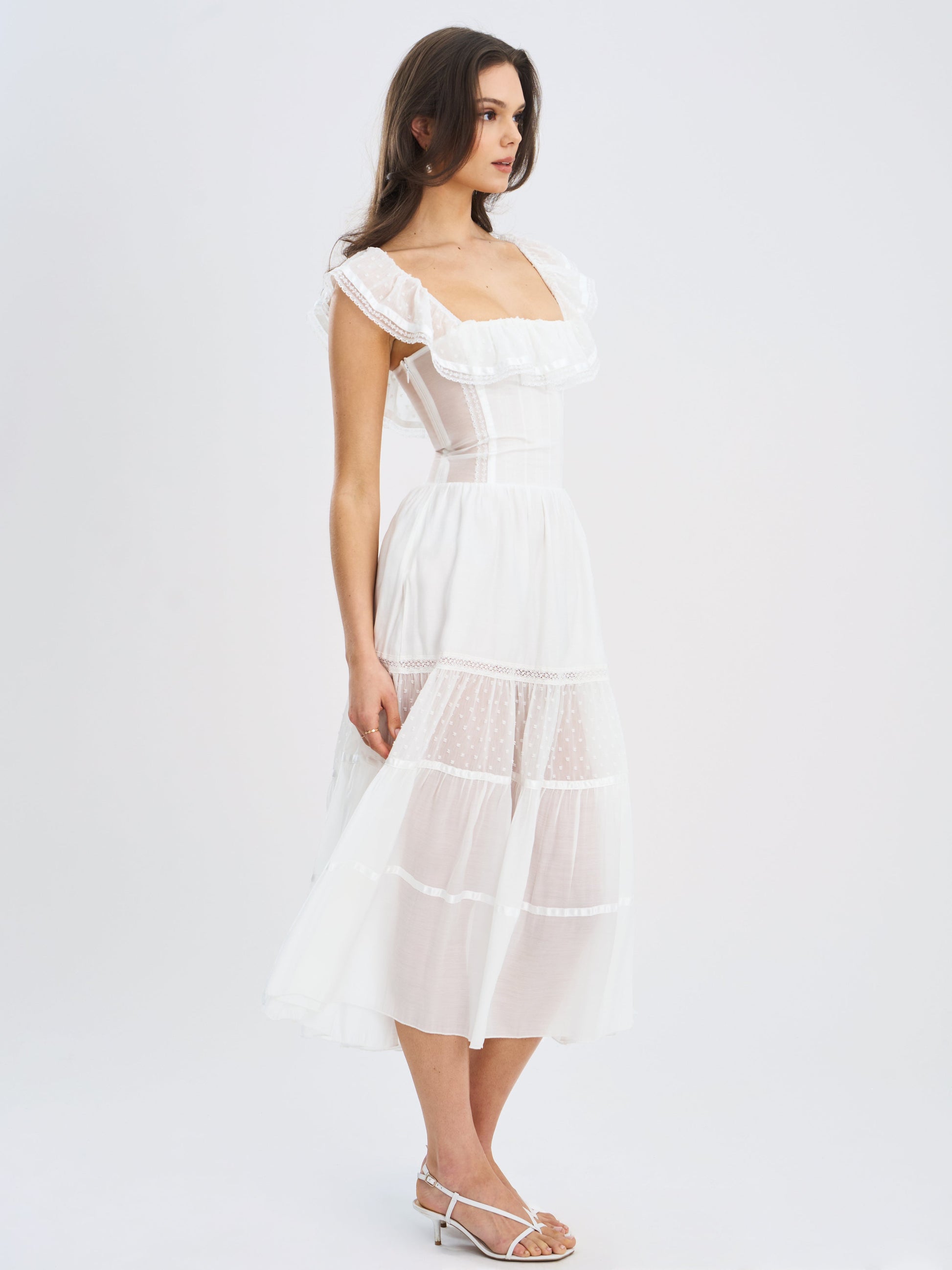 Eden Square Neck Ruffle Trim High Waist Midi Dress - HOUSE OF SHE