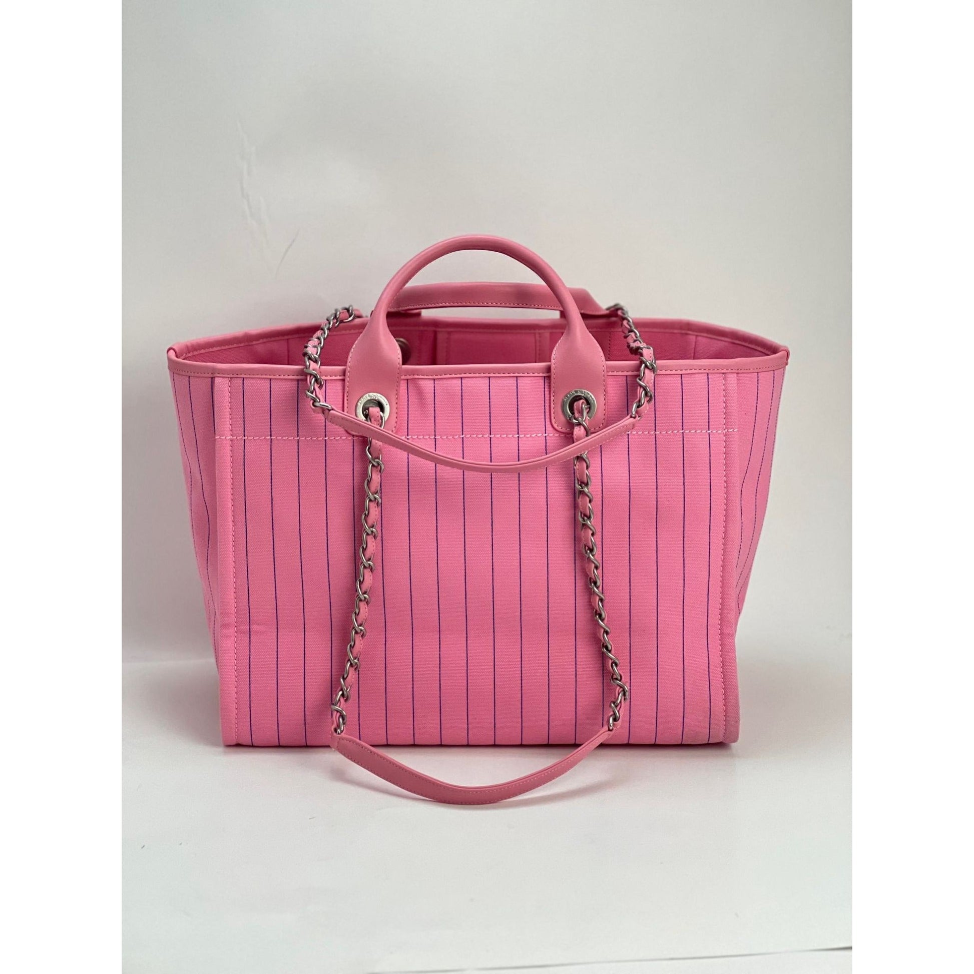 Chanel Canvas Calfskin Striped Medium Deauville Pink Tote - HOUSE OF SHE
