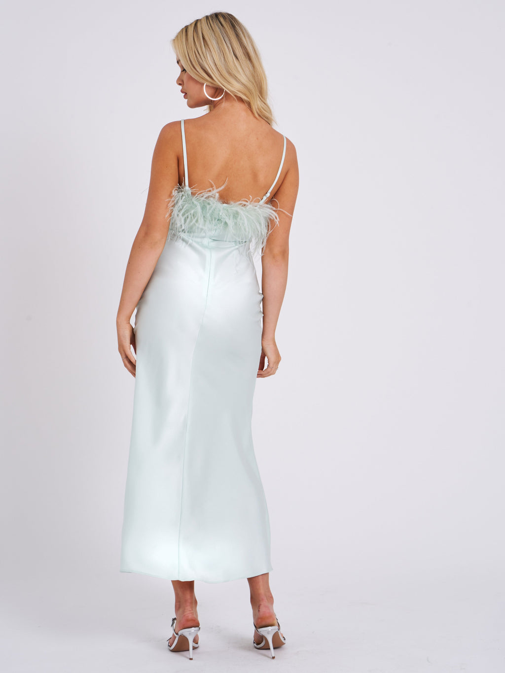 Yanira Mint Feather High Slit Satin Maxi Dress  HOUSE OF SHE