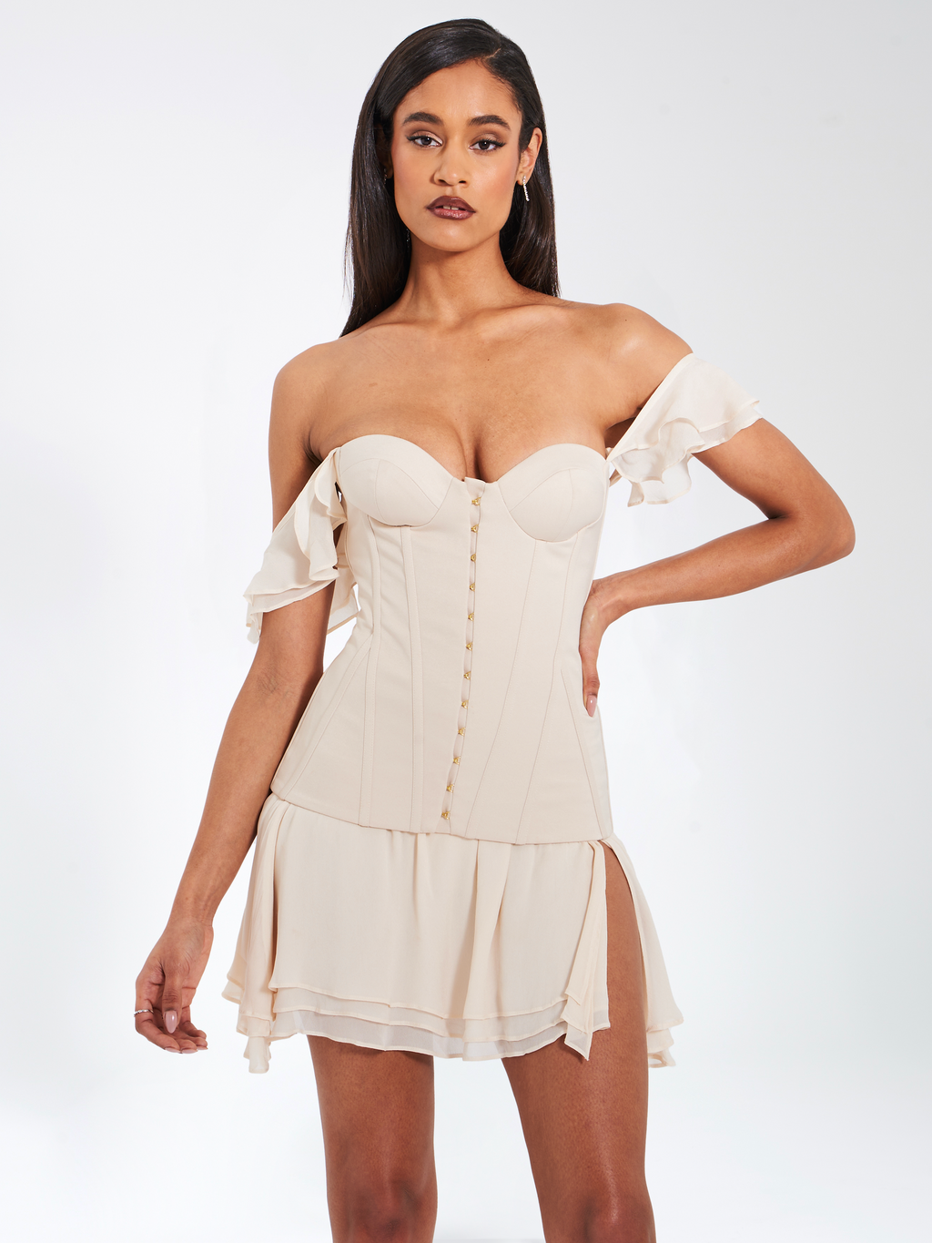 Marica Beige Satin Corset Mini Dress  HOUSE OF SHE