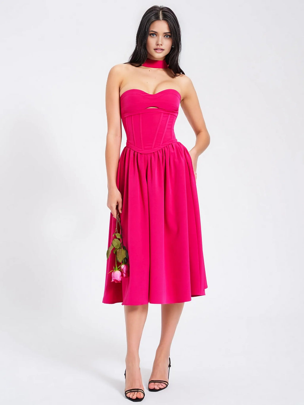 Maia Fuchsia Halter Neck Corset Midi Sundress  HOUSE OF SHE