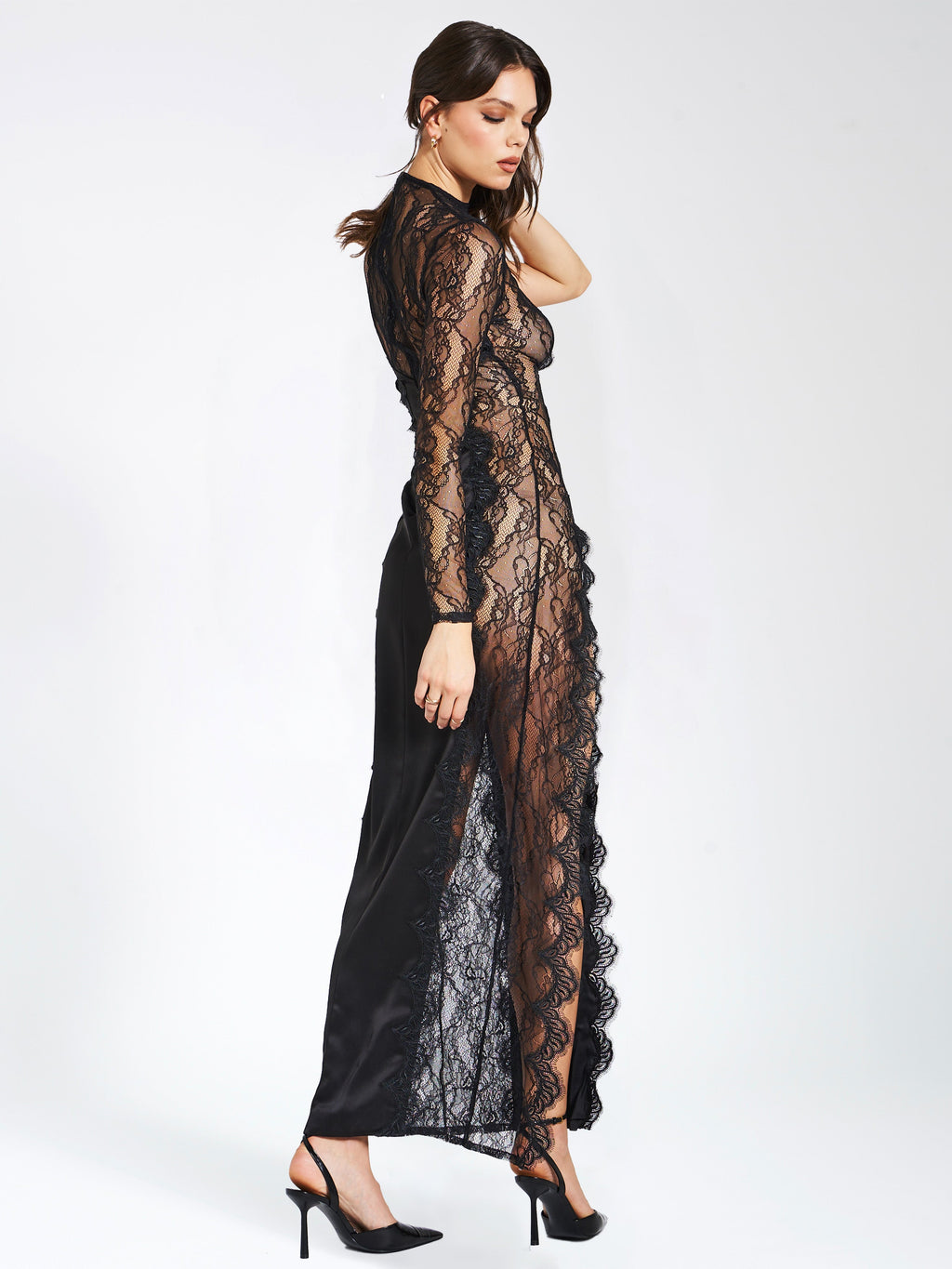 Weslyn Black Satin Lace High Slit Dress  HOUSE OF SHE