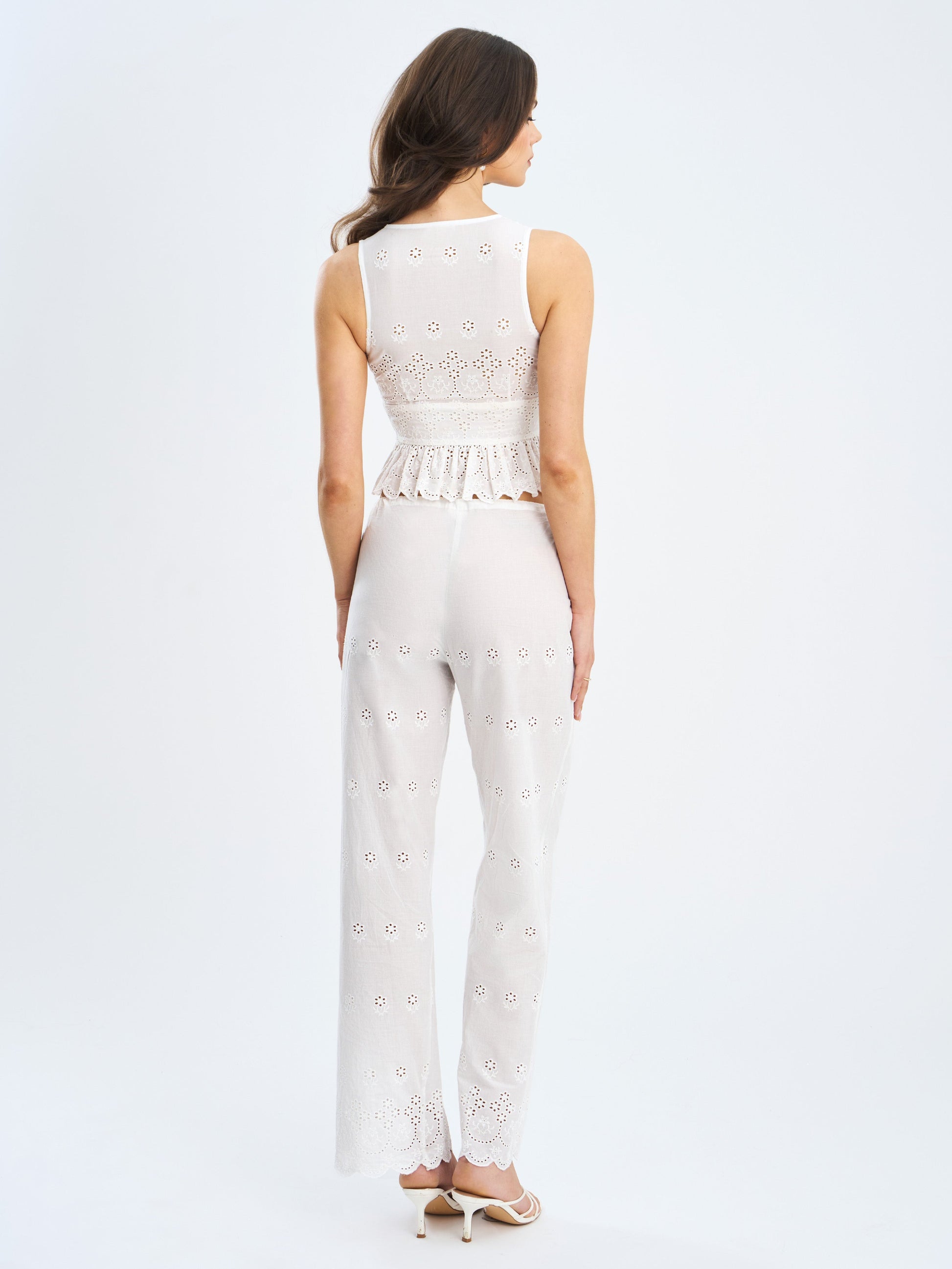 Raina White Cotton Eyelet Straight Pants - HOUSE OF SHE