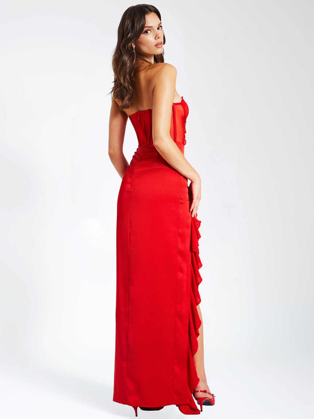 Lia Red Satin Lace Corset Maxi Dress - HOUSE OF SHE