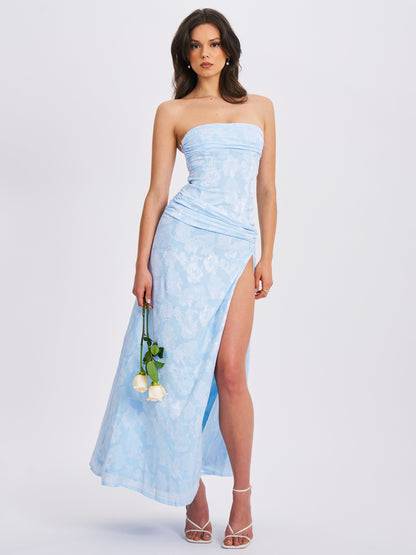 Xatia Baby Blue Jacquard Textured High Slit Maxi Dress