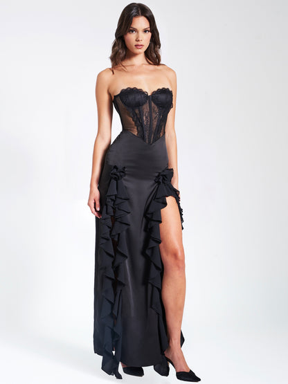 Talia Black Satin Lace Corset Maxi Dress  HOUSE OF SHE