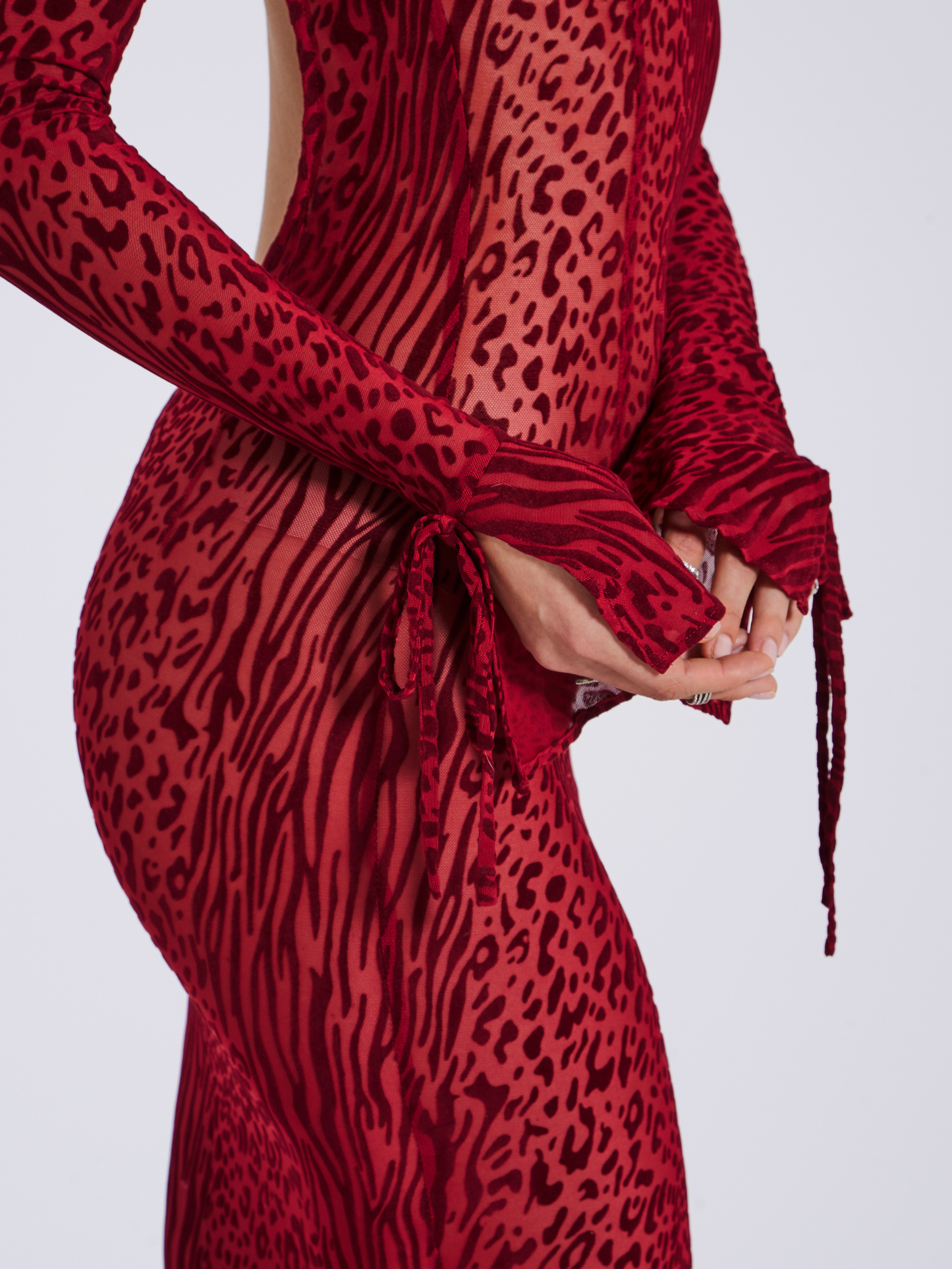 Dolma  Red Velvet Detail Mesh Maxi Dress