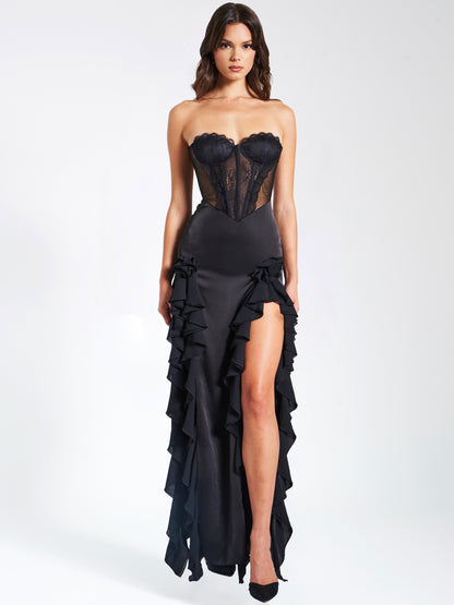 Talia Black Satin Lace Corset Maxi Dress