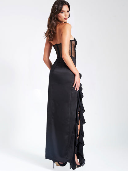 Talia Black Satin Lace Corset Maxi Dress  HOUSE OF SHE