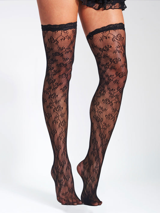 Miss Circle Black Lace Floral Print Thigh Highs