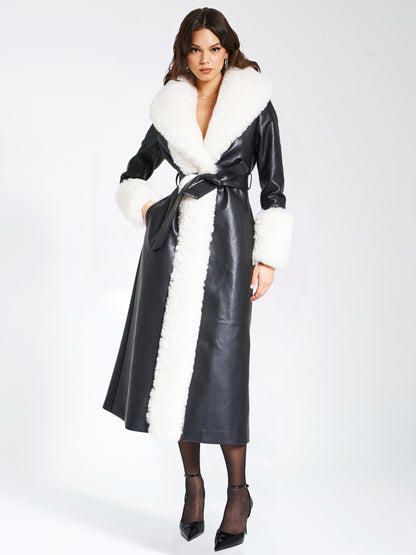 Zaida White Faux Fur Trim Black Vegan Leather Coat