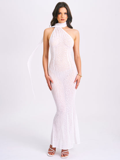 Olena White Velvet Animal Print Mesh Halter Maxi Dress