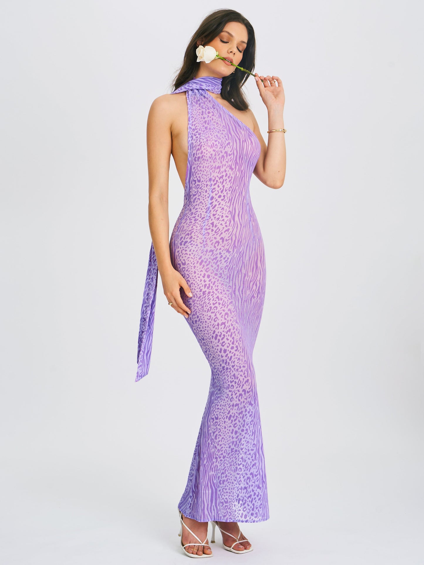 Olena Purple Velvet Animal Print Mesh Halter Maxi Dress