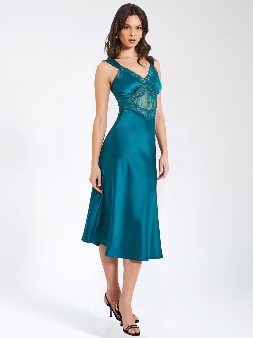Perley Teal Satin and Lace Midi Dress  HOUSE OF SHE