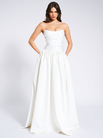 Umay White Drop Waist Satin Corset Dress