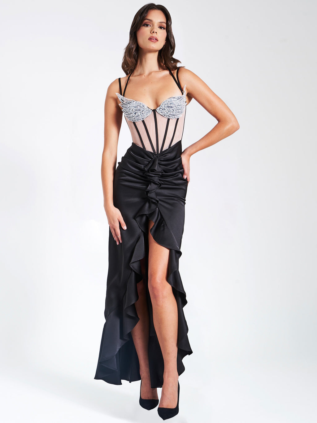 Rafi Black Satin Corset Sequin Wing Maxi Dress - HOUSE OF SHE