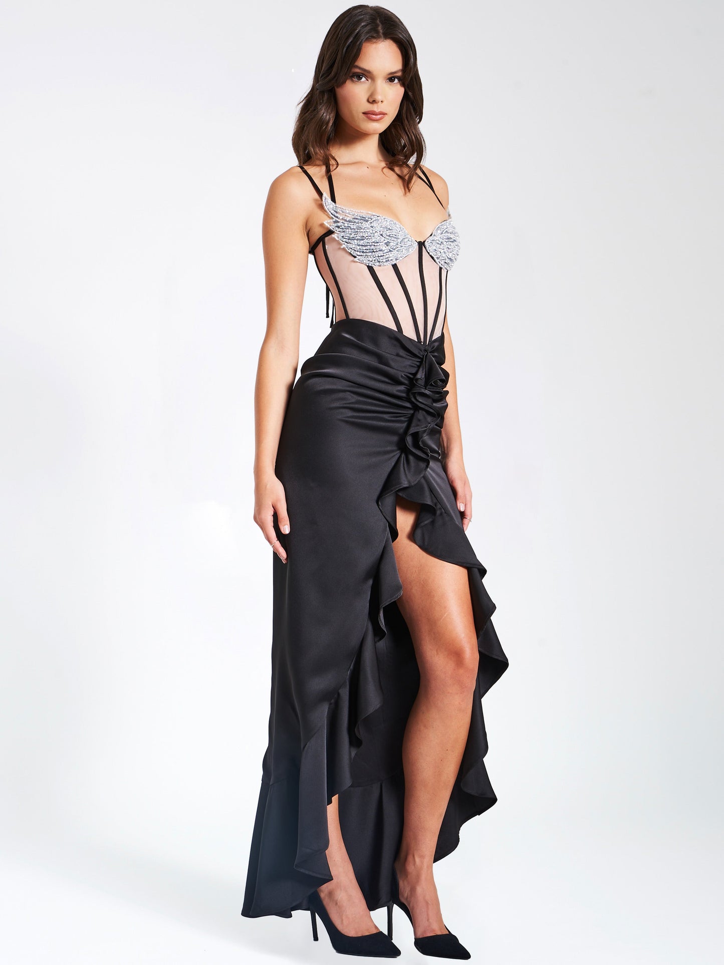 Rafi Black Satin Corset Sequin Wing Maxi Dress