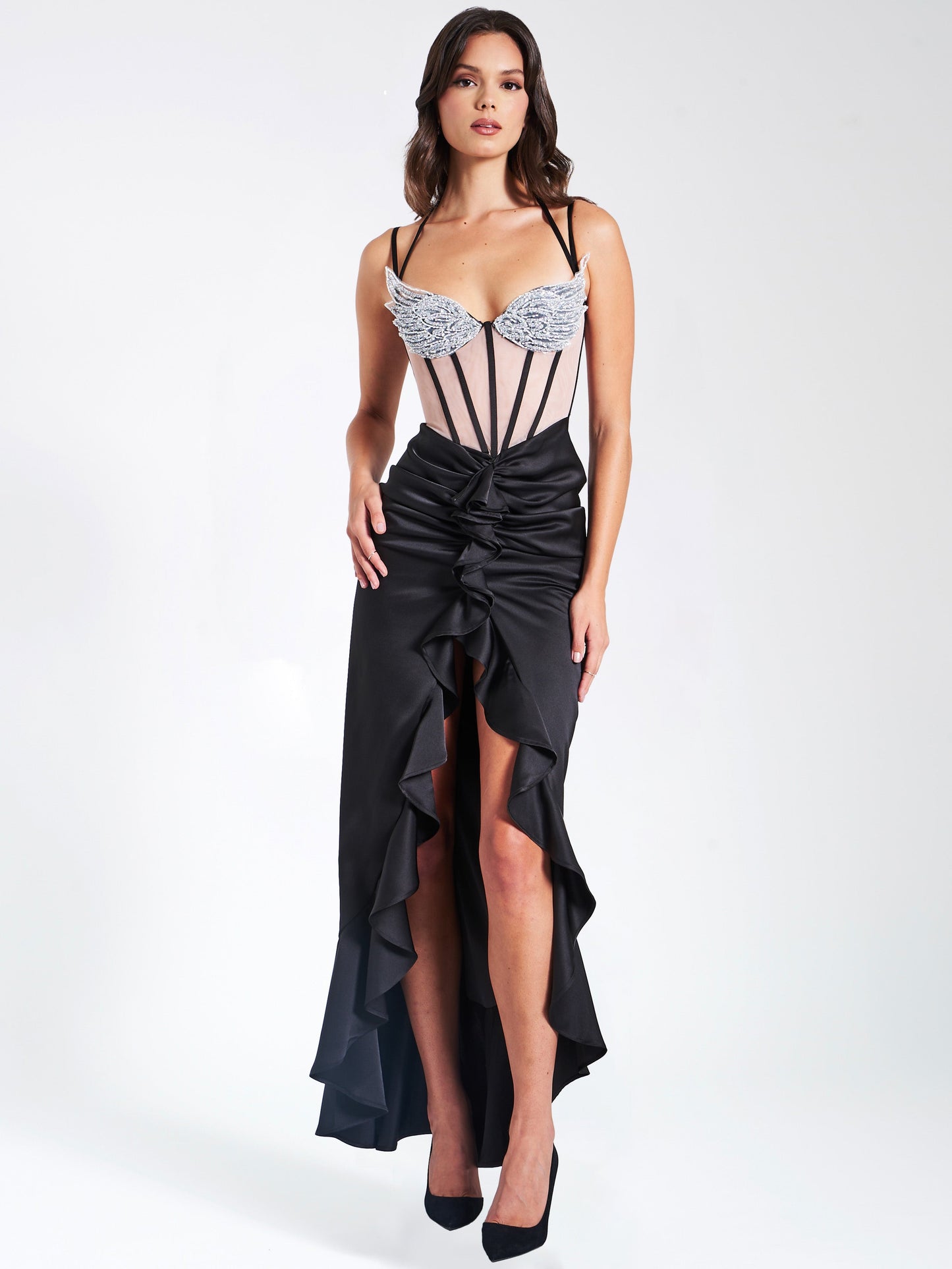 Rafi Black Satin Corset Sequin Wing Maxi Dress