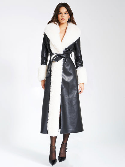 Zaida White Faux Fur Trim Black Vegan Leather Coat