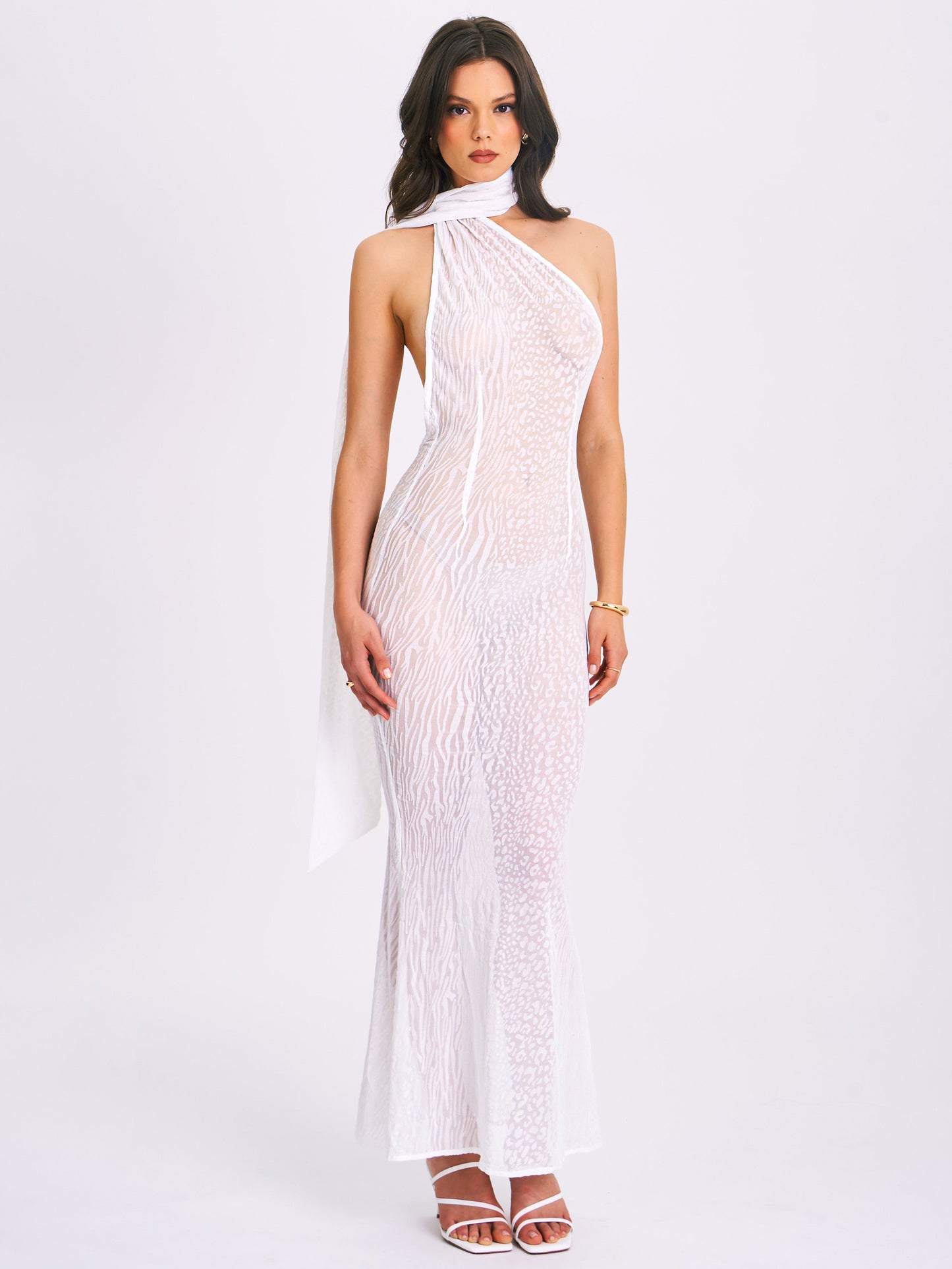 Olena White Velvet Animal Print Mesh Halter Maxi Dress