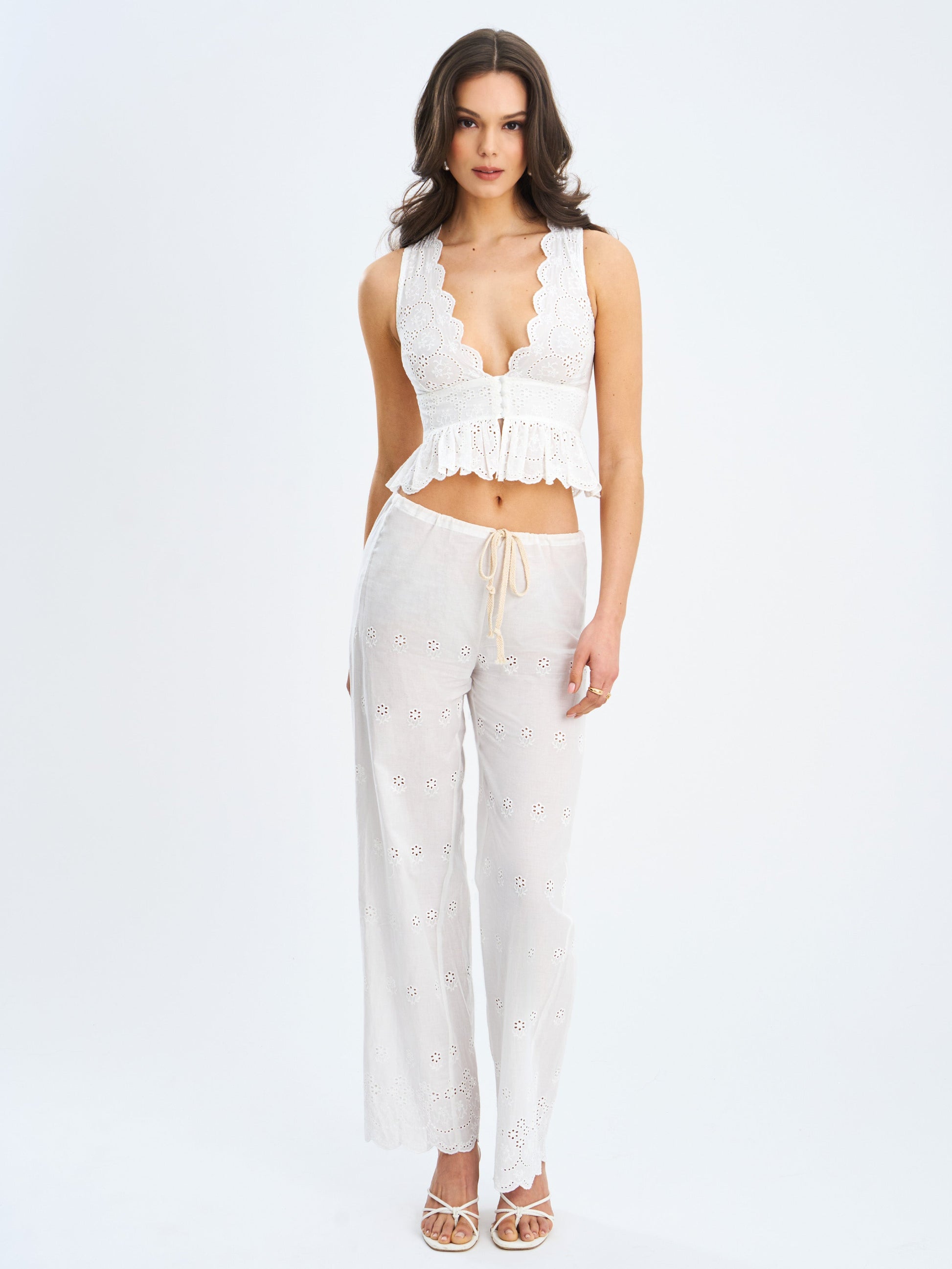Raia White Eyelet Wave Trim Crop Vest Top - HOUSE OF SHE