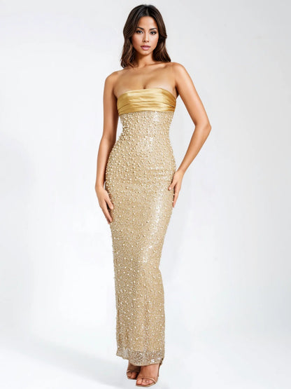 Lainey Gold Satin Sequin Pearls Beaded Maxi Dress