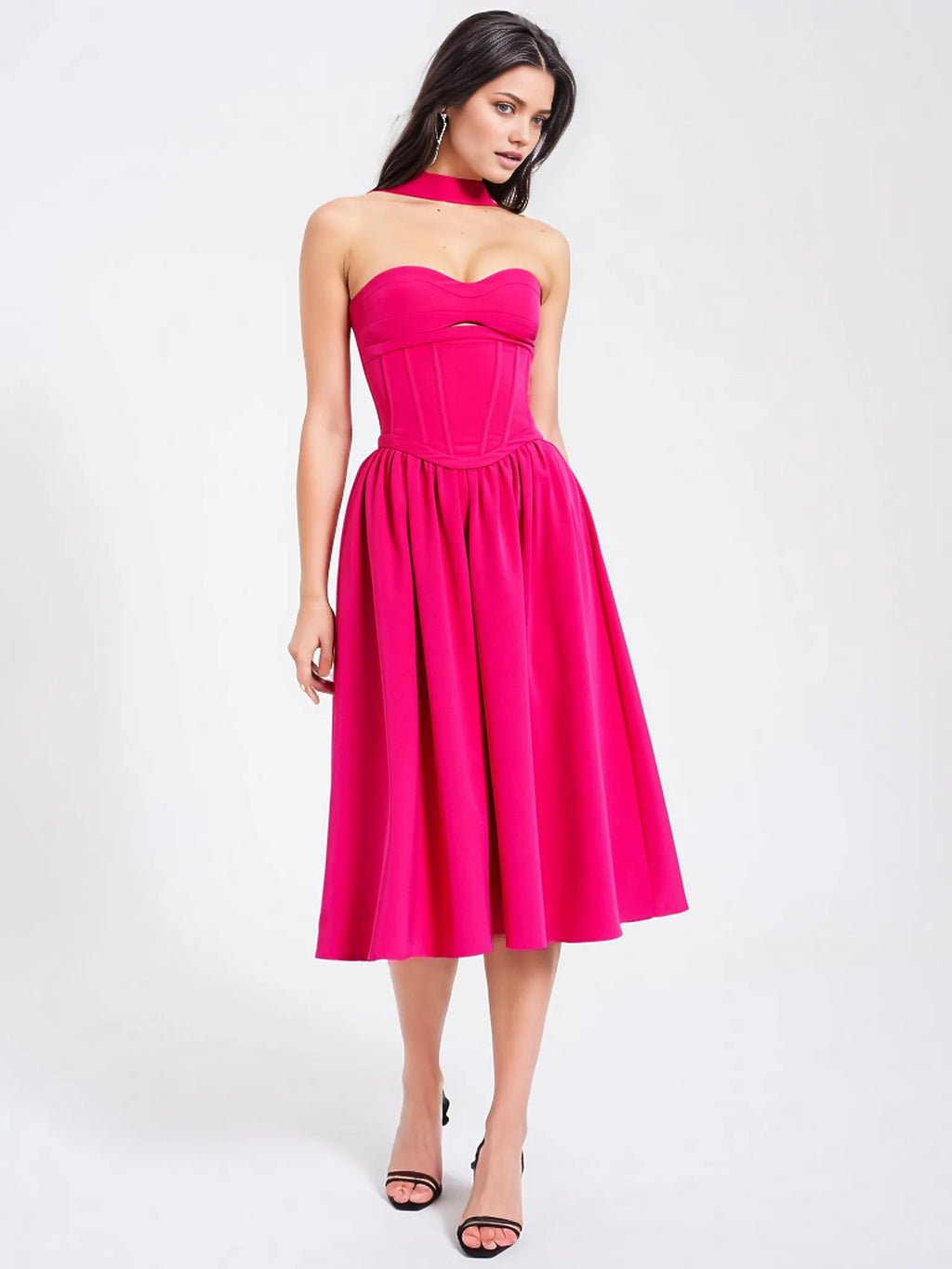Maia Fuchsia Halter Neck Corset Midi Sundress  HOUSE OF SHE