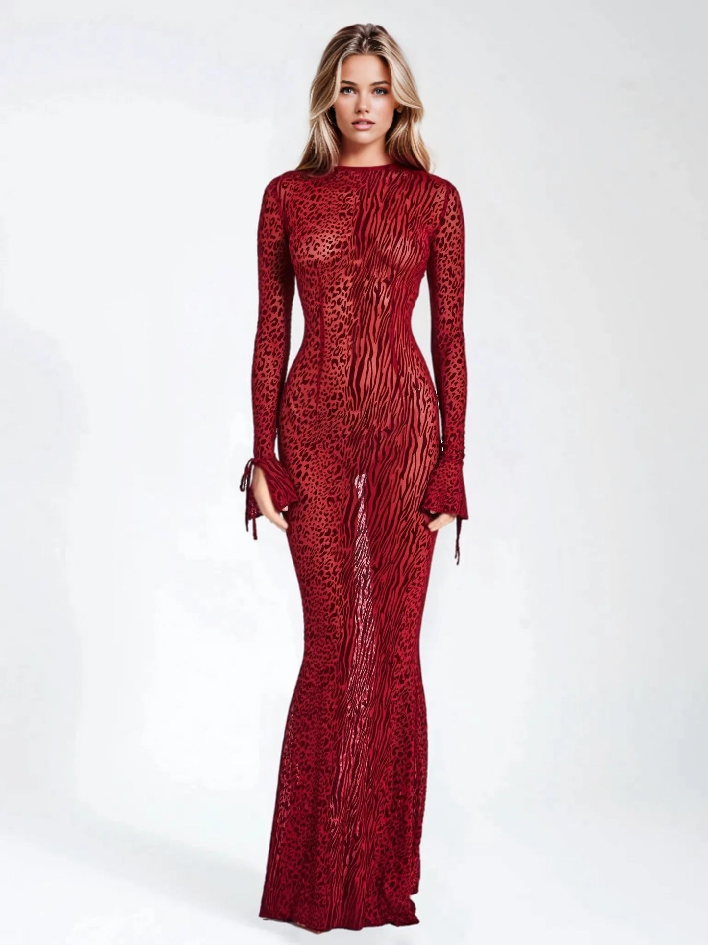 Dolma  Red Velvet Detail Mesh Maxi Dress