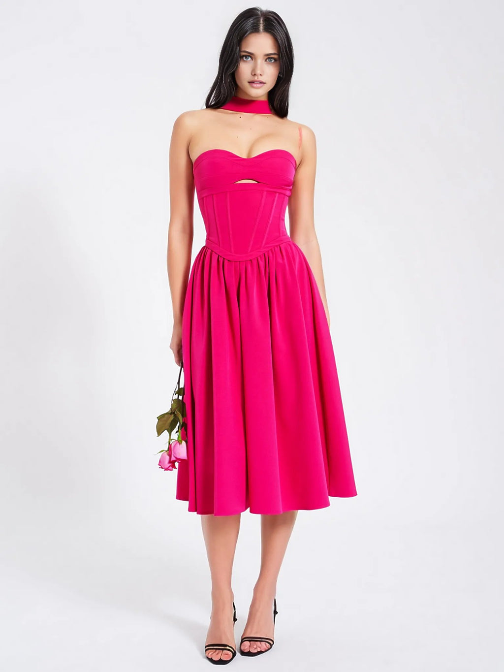 Maia Fuchsia Halter Neck Corset Midi Sundress  HOUSE OF SHE