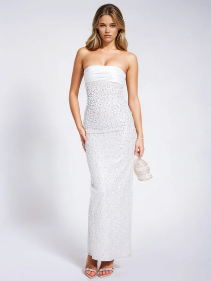 Lainey White Satin Sequin Pearls Beaded Maxi Dress