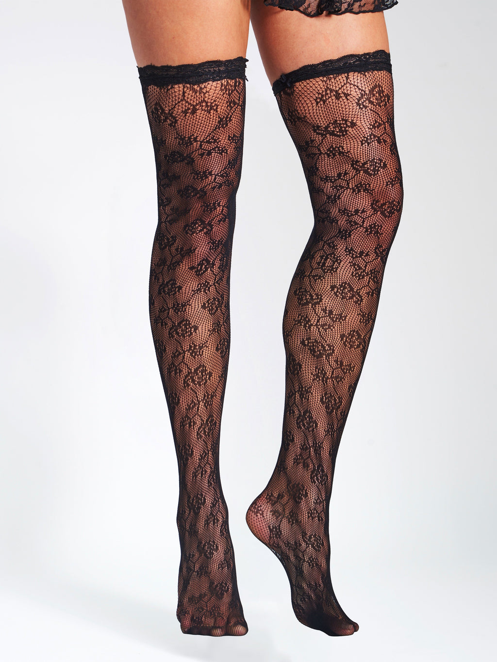 Cherry Black Lace Floral Print Thigh Highs Stockings  HOUSE OF SHE