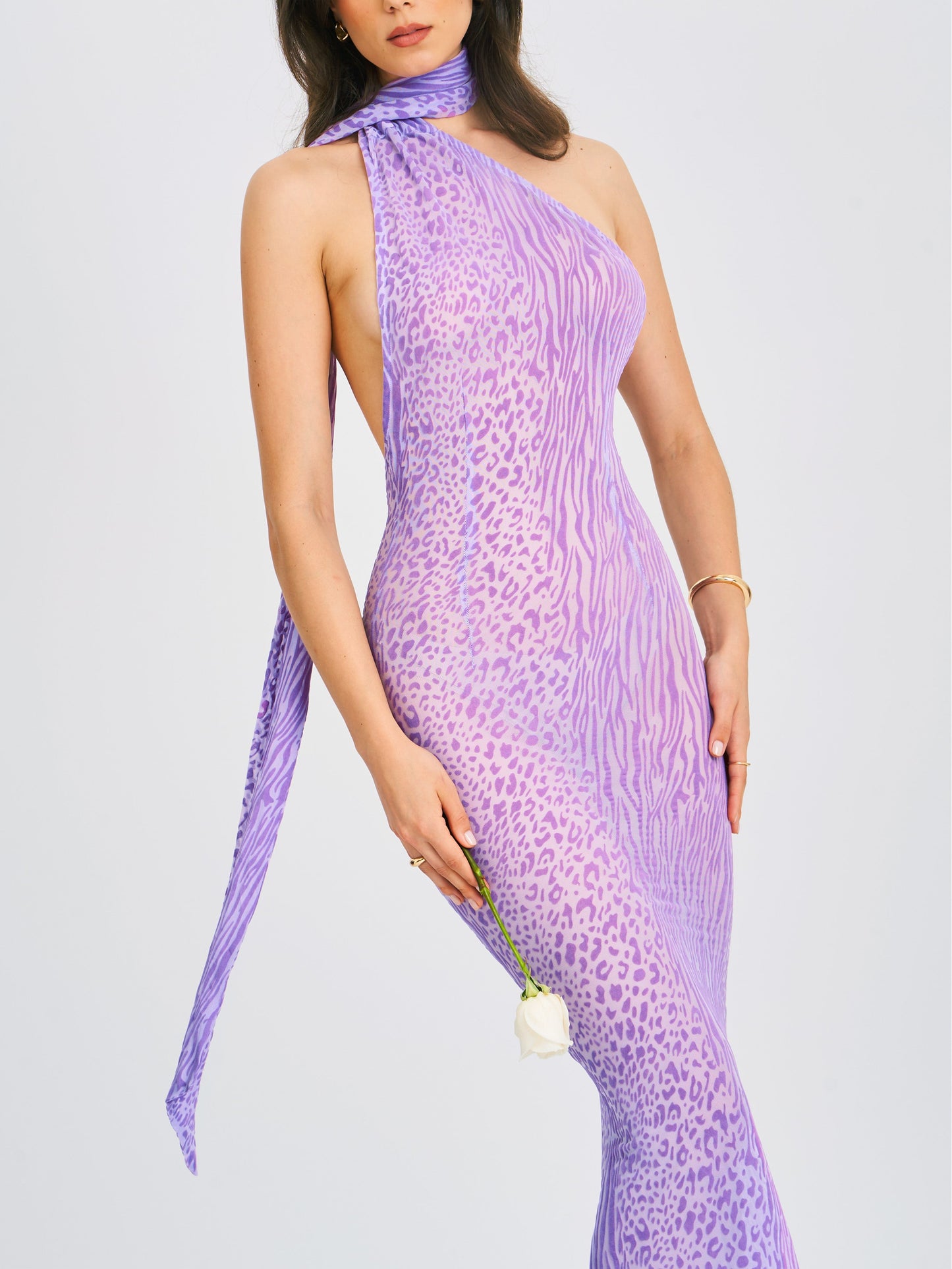 Olena Purple Velvet Animal Print Mesh Halter Maxi Dress