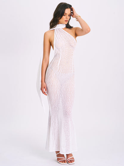 Olena White Velvet Animal Print Mesh Halter Maxi Dress