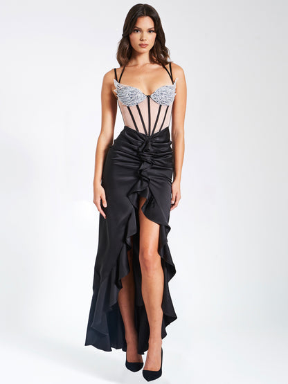 Rafi Black Satin Corset Sequin Wing Maxi Dress