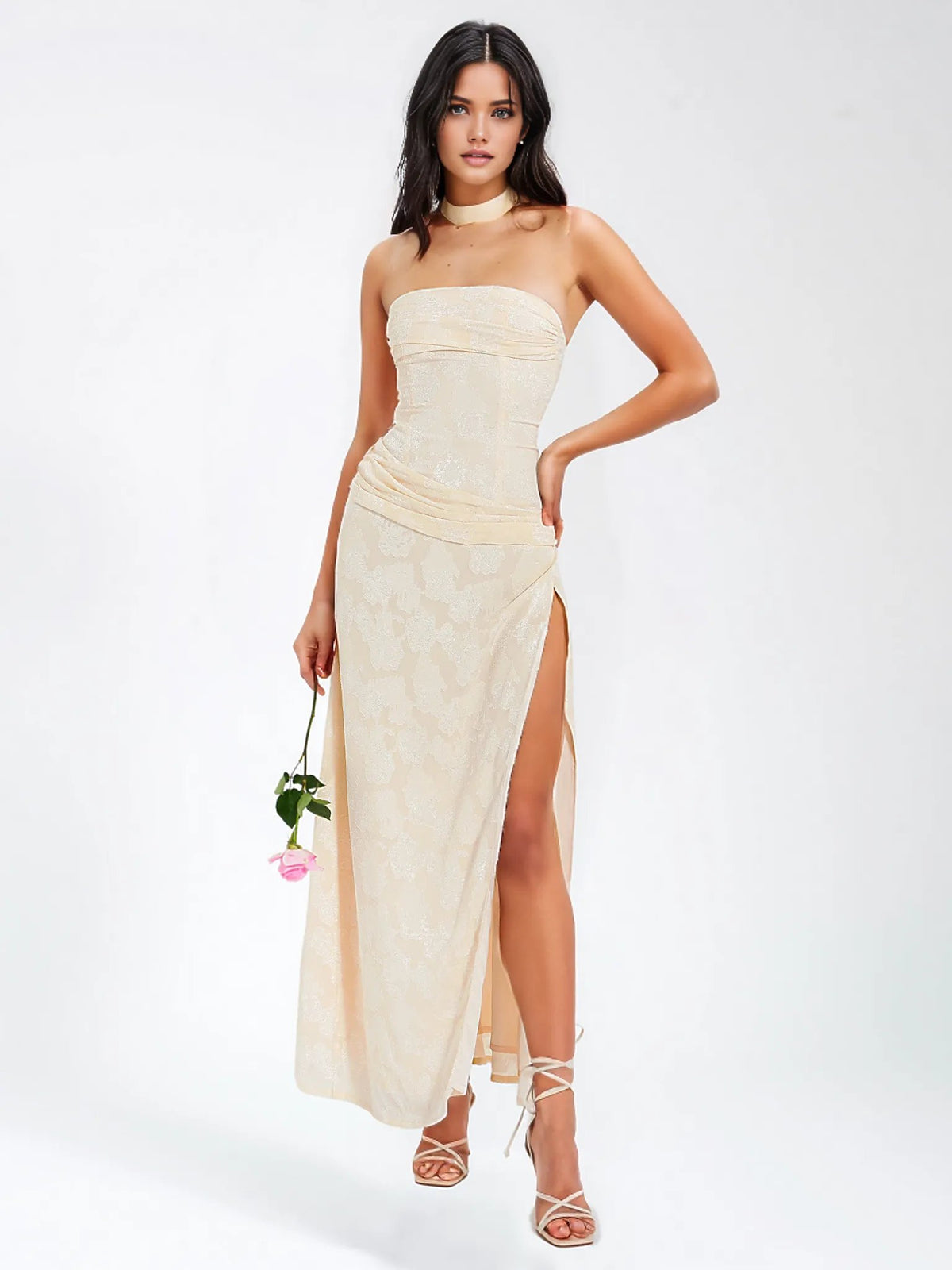 Tia Off White High Slit Maxi Dress  HOUSE OF SHE