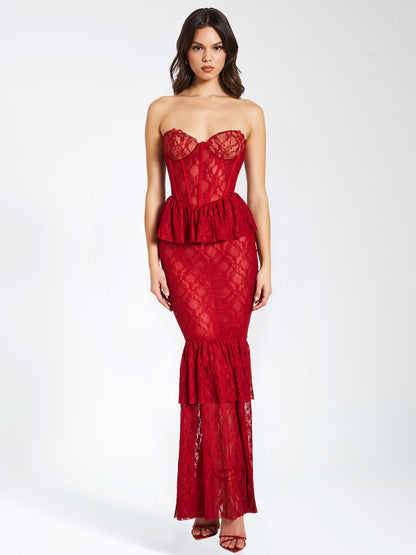 Quin Red Lace Corset Maxi Dress