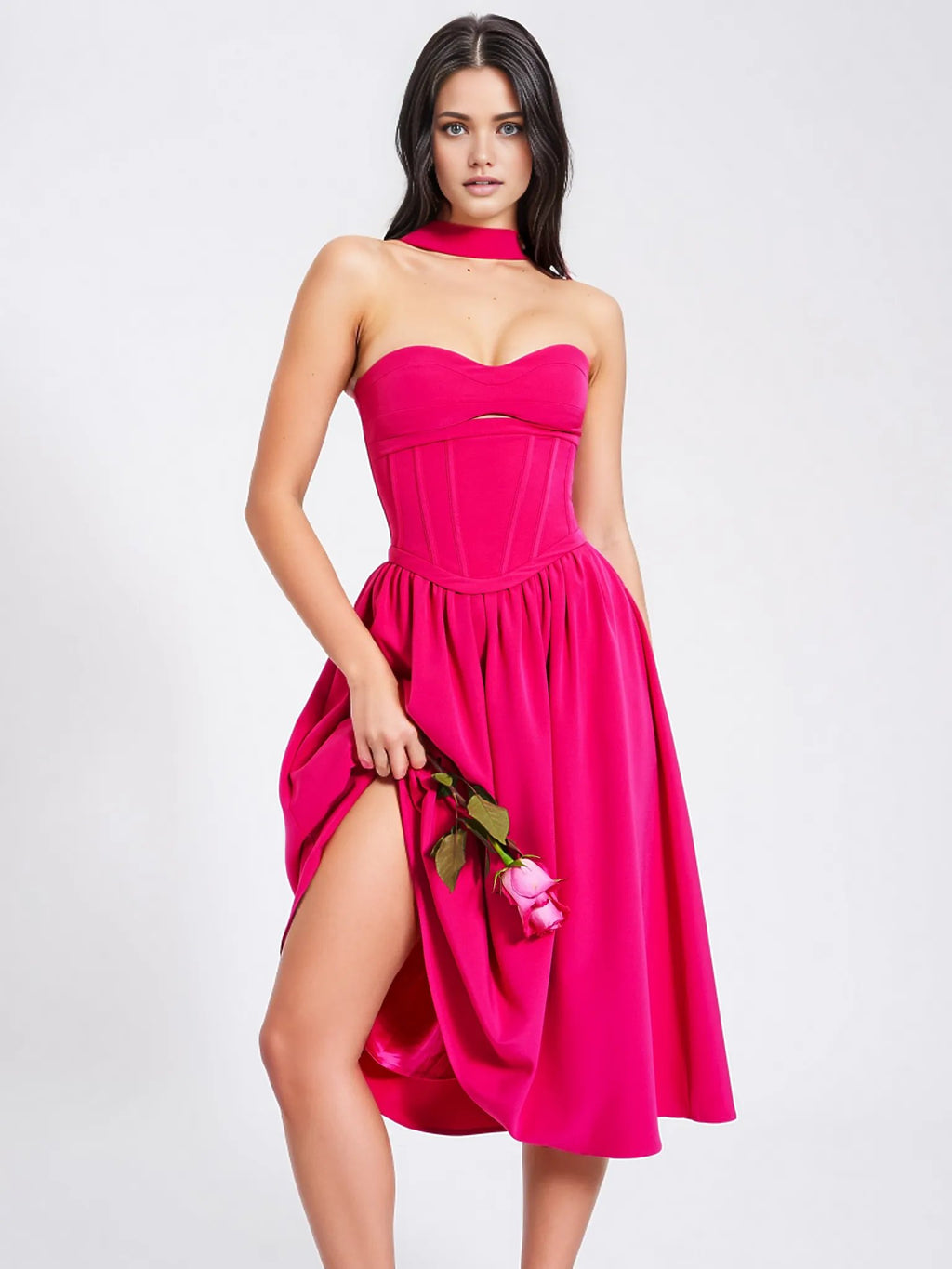 Maia Fuchsia Halter Neck Corset Midi Sundress  HOUSE OF SHE