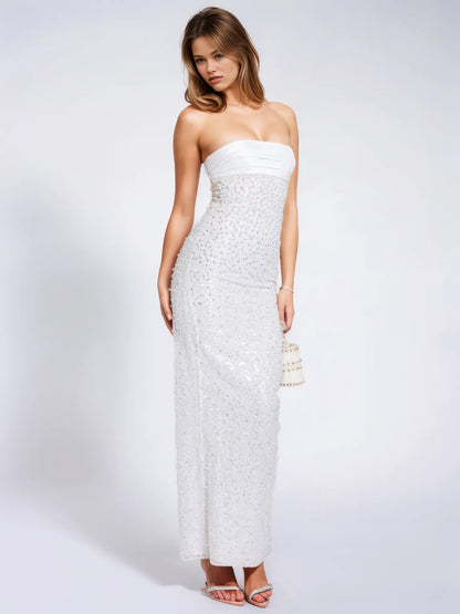 Lainey White Satin Sequin Pearls Beaded Maxi Dress