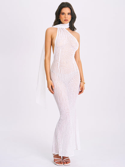 Olena White Velvet Animal Print Mesh Halter Maxi Dress