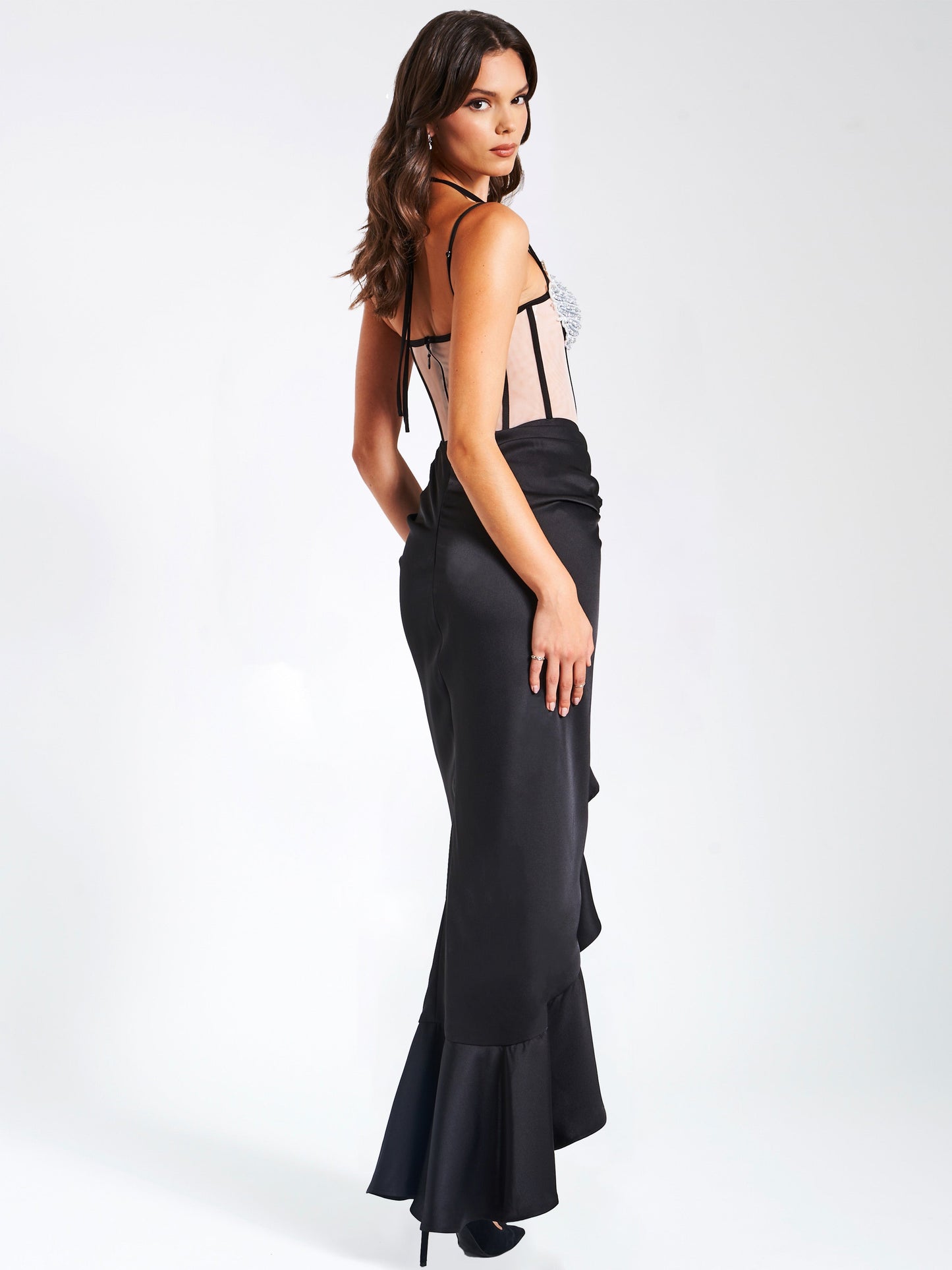 Rafi Black Satin Corset Sequin Wing Maxi Dress